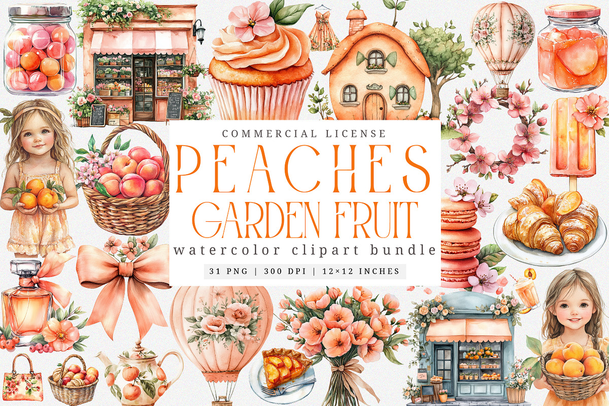 Watercolor Cute Peaches Garden Fruit, an Illustration by SinaCreation (Photo 1 of 7)