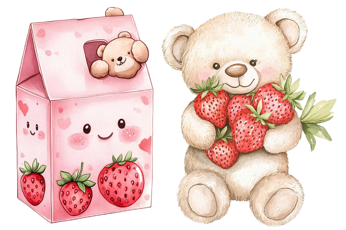 Kawaii Teddy Bear Strawberry Clipart, a Seasonal Illustration by CitraGraphics (Photo 4 of 4)