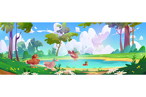 Lake with duck family in forest, an Animal Illustration by art PVP - market