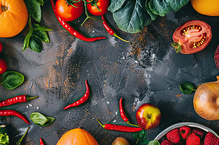 Directly above shot of various food, a Photo by LOGOCREATIVE