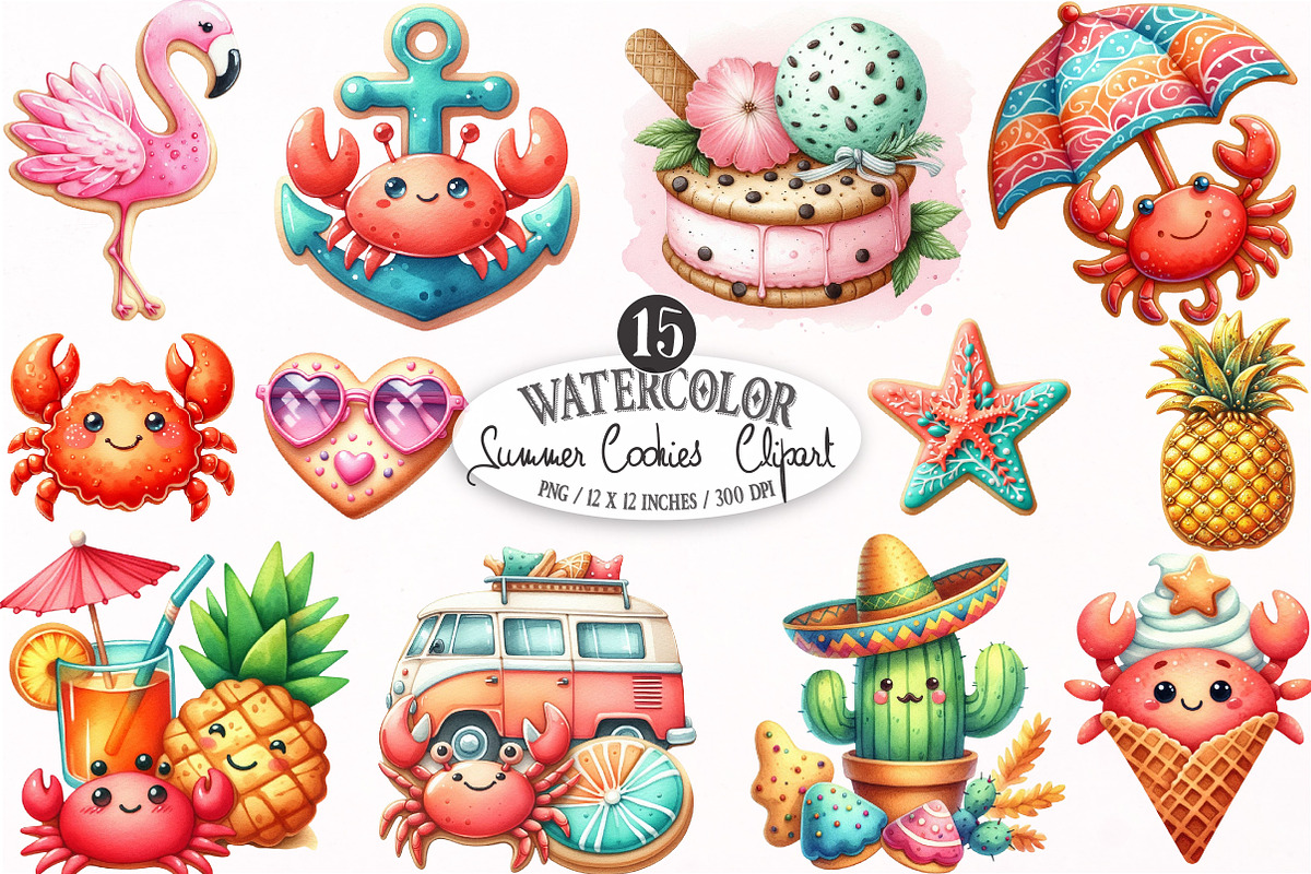 Watercolor Summer Cookies Clipart, an Illustration by Designking (Photo 1 of 3)