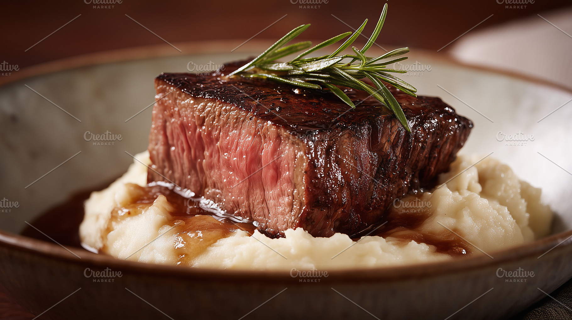 Juicy grilled steak served on creamy, a Food & Drink Photo by MistyDay