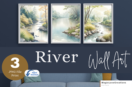 River Watercolor Landscape Print Art, a Poster Template by MagicLove Creations