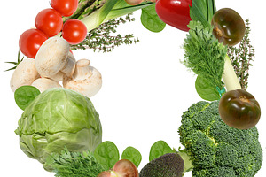 Circular composition of various fresh vegetables and greens on a, a Food & Drink Photo by ndanko