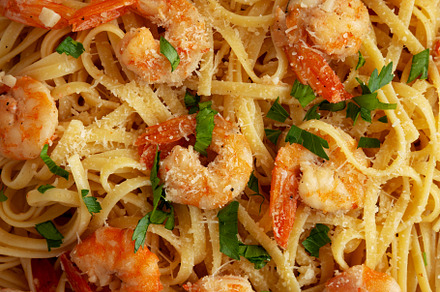 Baked Shrimp Scampi Linguine Pasta with Parsley on a Plate, top, a Food & Drink Photo by LiudmylaChuhunova