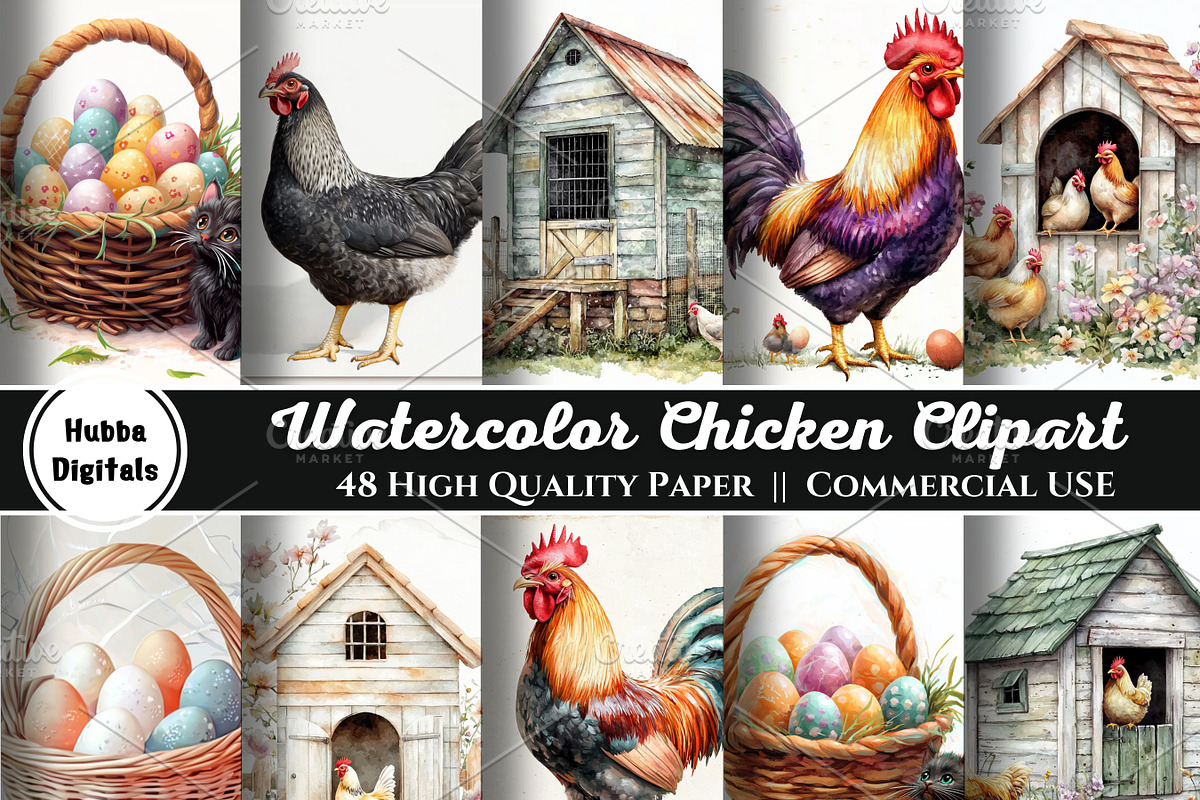 48 Watercolor Chicken Clipart, an Illustration by HubbaDigitals (Photo 1 of 8)