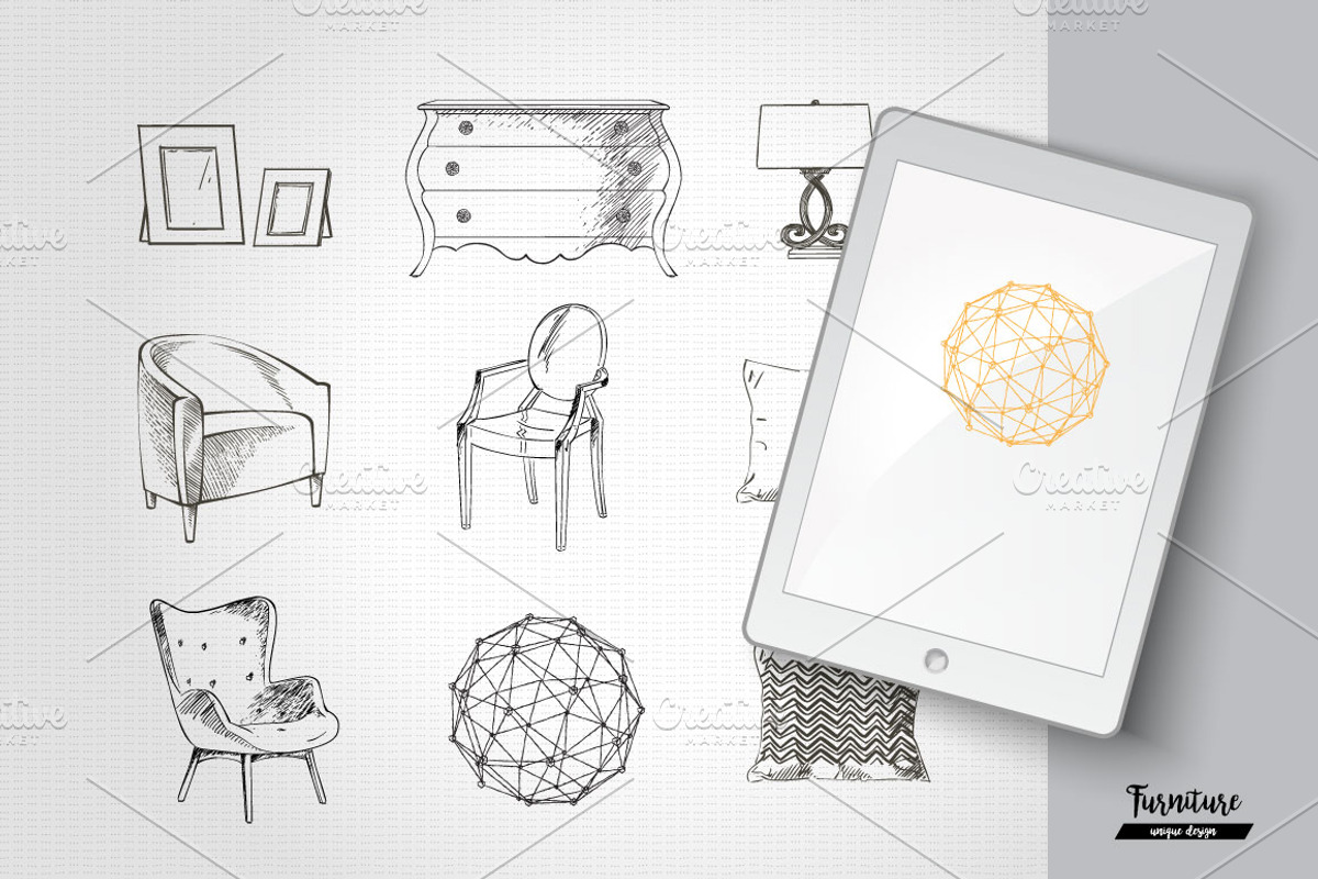 Furniture Hand drawn Vector set, a Decorative Illustration by Alltruecolours (Photo 2 of 5)