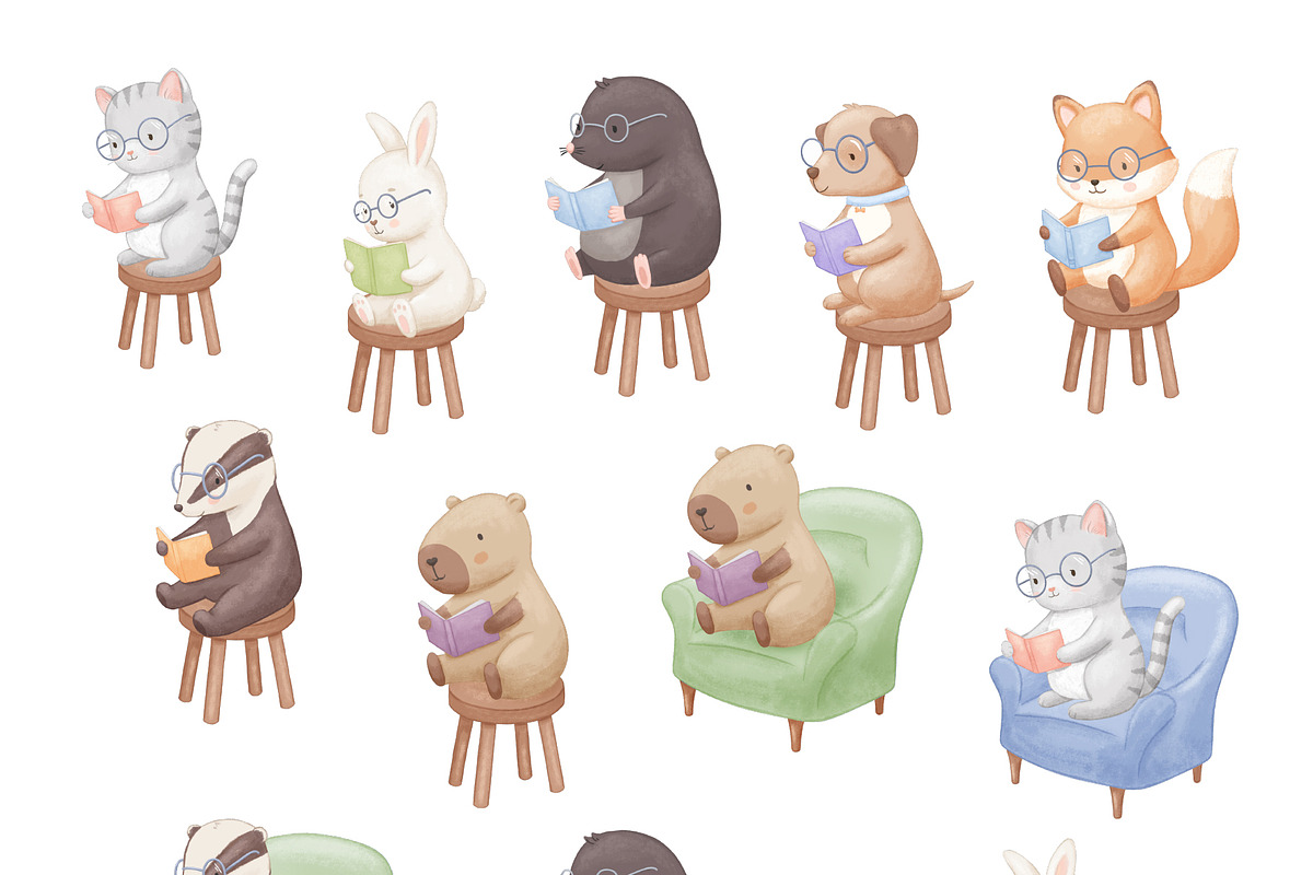Reading Animals Watercolor Clipart, an Animal Illustration by ElenaPlatovaArt (Photo 8 of 22)