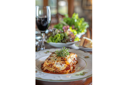 Delicious lasagna meal with side, a Food & Drink Photo by Lermont51