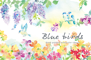Blue birds watercolor clipart set