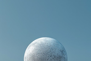 Minimal concrete sphere on platform with blue background, balanc, an Abstract Photo by José Manuel Gelpi