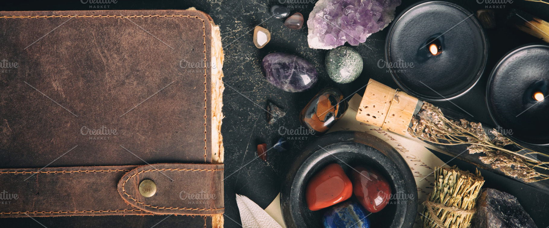 Flat Lay of Healing Crystals and Aromatic Candles with Leather J, an Abstract Photo by Natalia Klenova's Shop