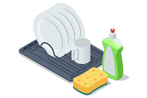 Isometric dishwashing set with dish, an Object Illustration by Golden Sikorka