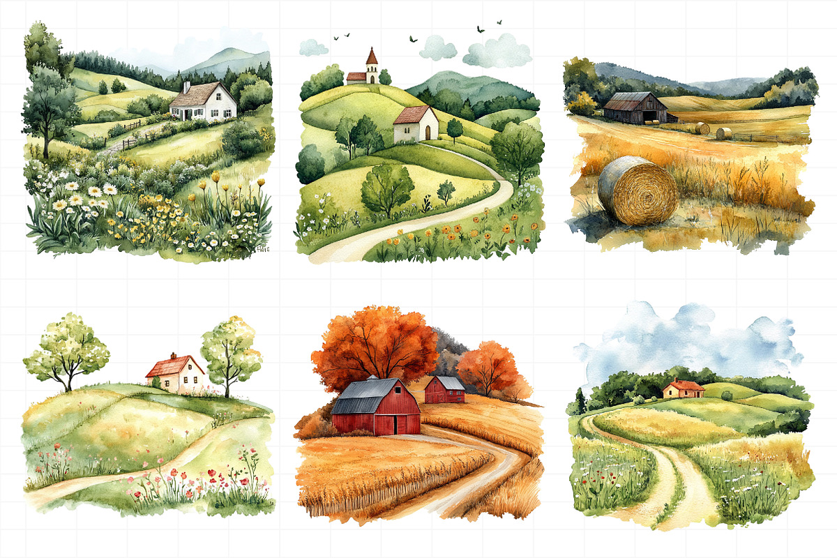 Rural Lanscape Watercolor Clipart, an Illustration by Daily.Designs (Photo 4 of 5)