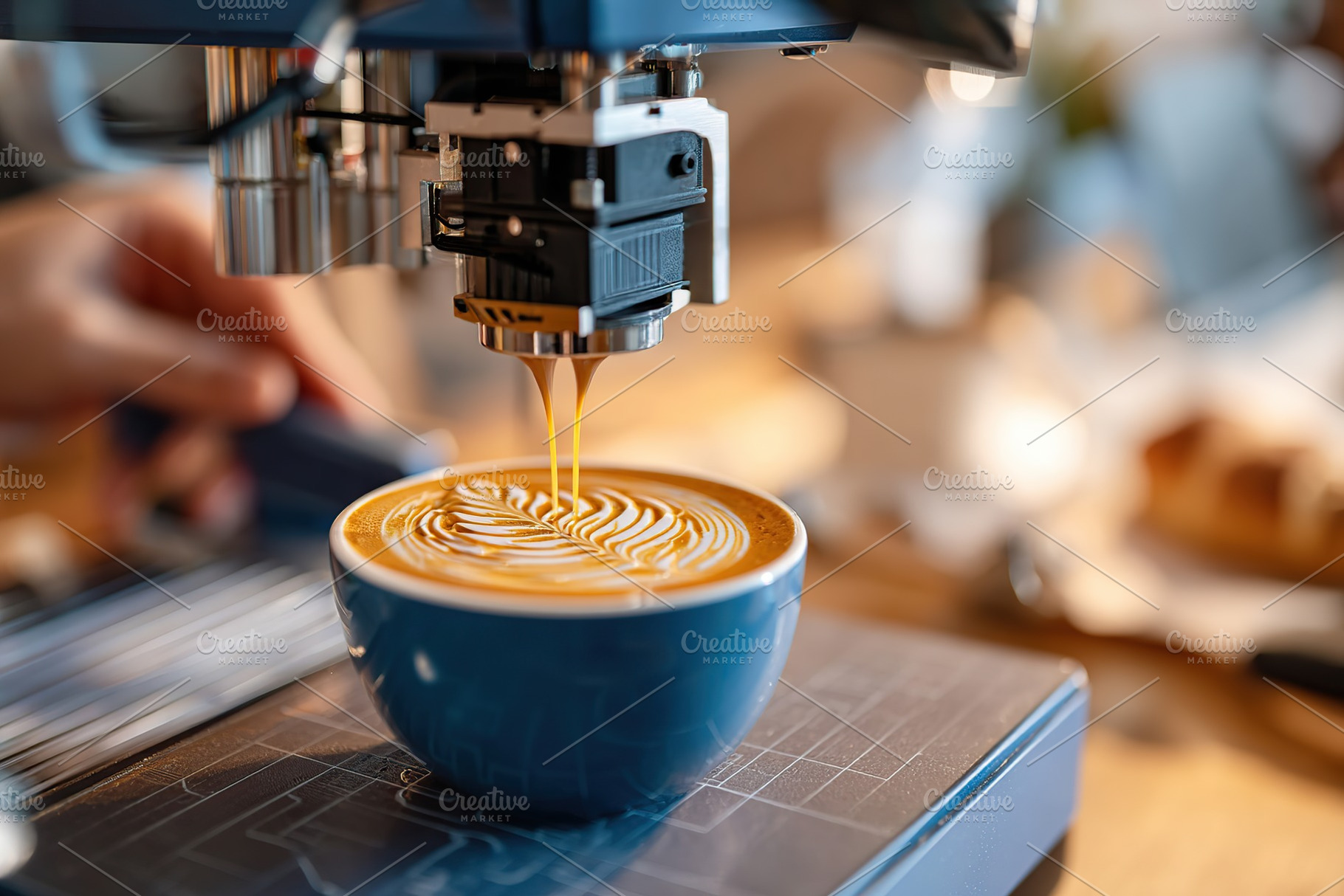 Creating intricate latte art design at a coffee shop during the morning rush ho, a Food & Drink Photo by AlyaAnd