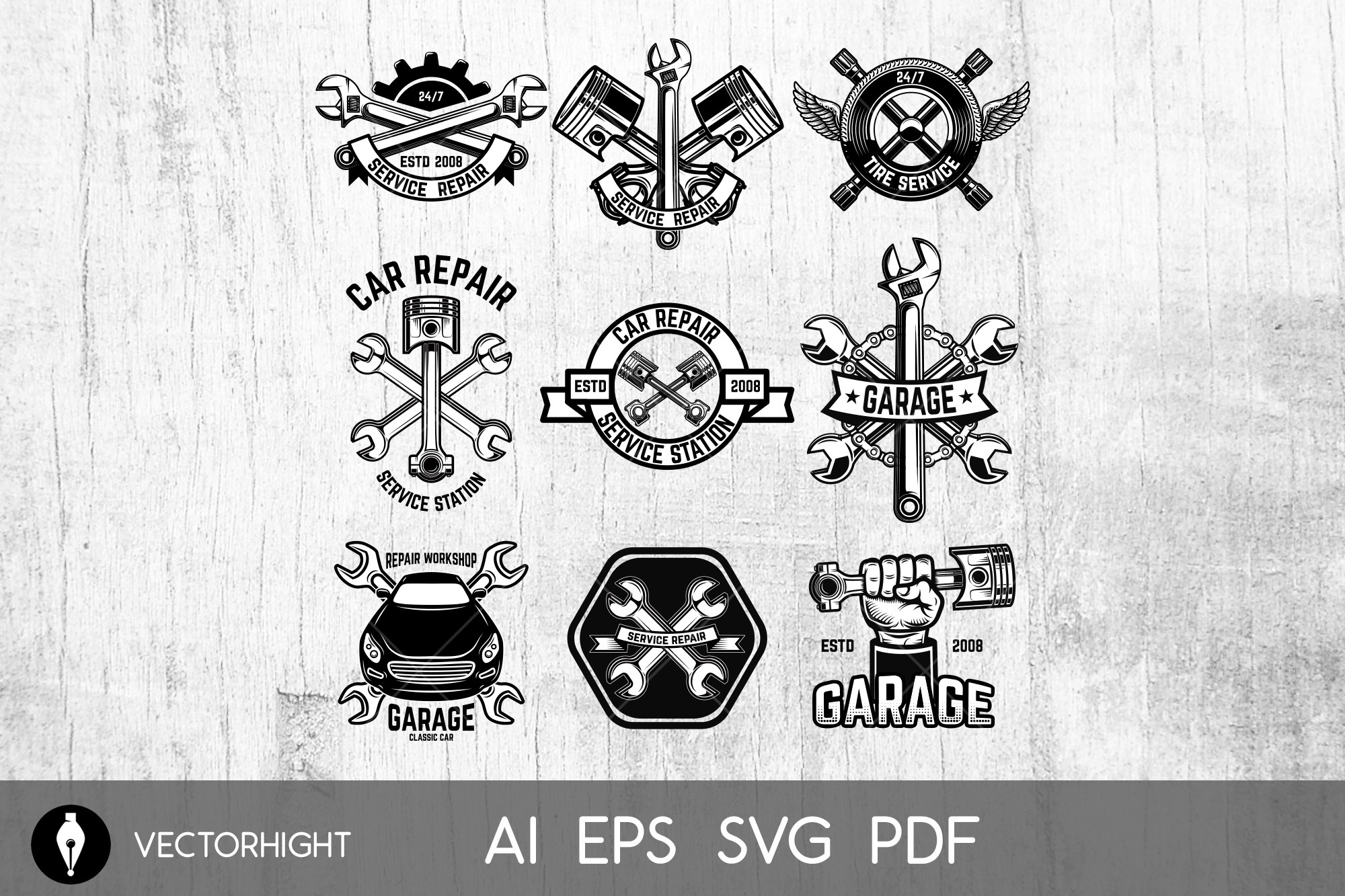 Set of car repair workshop emblems., an Object Graphic by Vectorhight