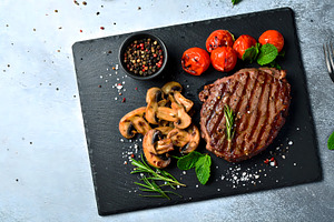 Grilled Steak with Mushrooms and Tom, a Food & Drink Photo by Stock Shape