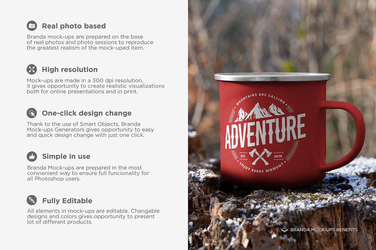 Enamel Mug on Scenes Mock-up, a Cups & Container Mockup by Branda Keeps (Photo 2 of 16)