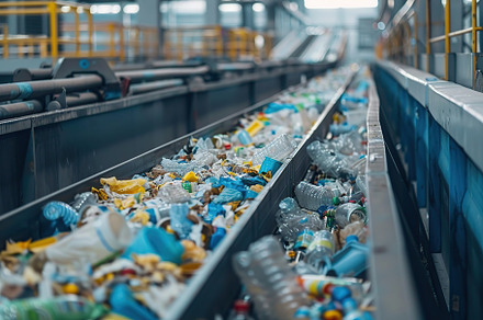 Sorting waste on conveyor with different household waste in factory, an Industrial Photo by AlyaAnd