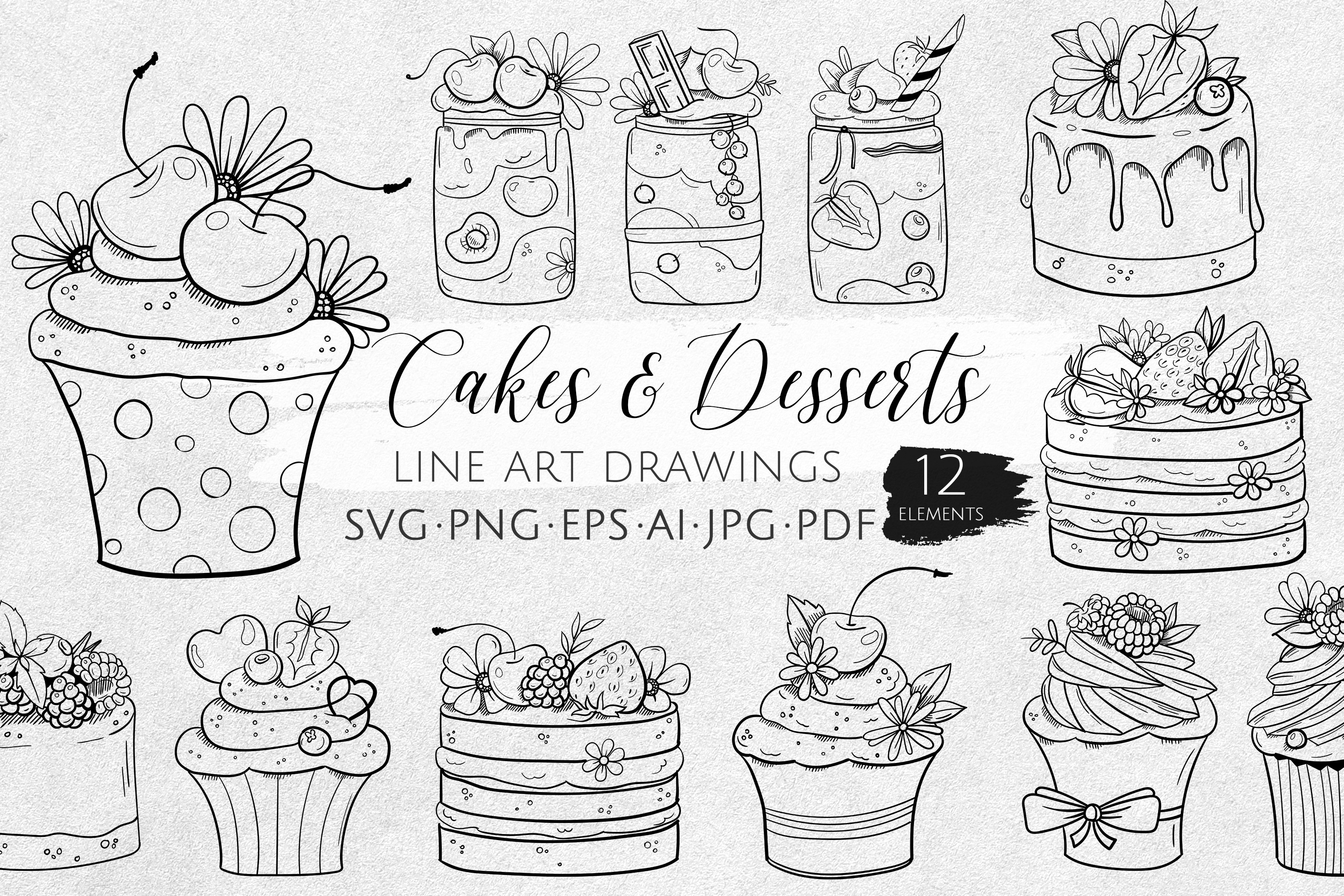 12 Vector Line Cakes & Desserts SVG, a Decorative Illustration by ...