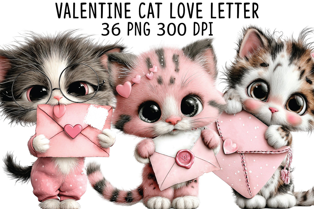 Valentine Cat Love Letter Clipart, an Illustration by CraftArtStudio (Photo 1 of 6)
