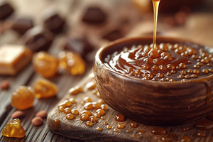 A delicious bowl of golden honey drizzles onto a rustic wooden t, a Food & Drink Photo by ImageMir