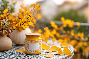 Planter and jar label mockup with vibrant yellow leaves on a decorative table s, a Photo by AlyaAnd