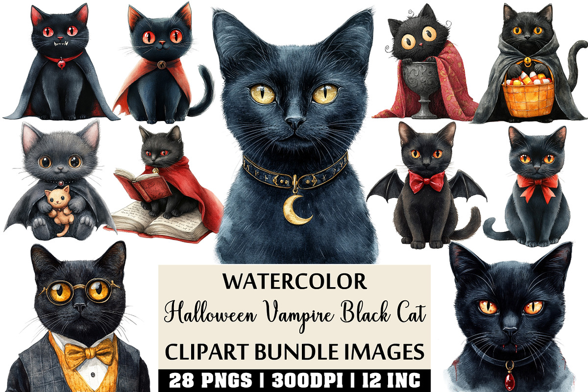 Halloween Vampire Black Cat Clipart, an Illustration by Craft Nest (Photo 1 of 4)
