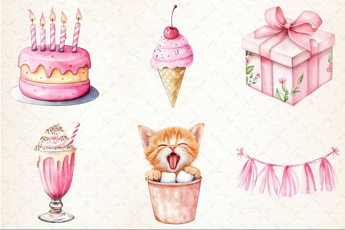 Pink Birthday Watercolor Clipart, an Illustration by Rose Art (Photo 3 of 4)