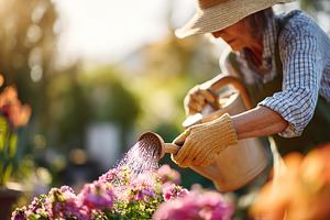 Enjoying a sunny day in the backyard while watering vibrant flowers, a Person Photo by AlyaAnd