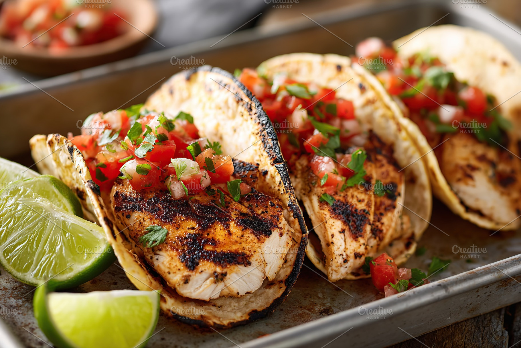 Grilled chicken tacos topped with fresh salsa in a vibrant Mexican setting, a Food & Drink Photo by AlyaAnd