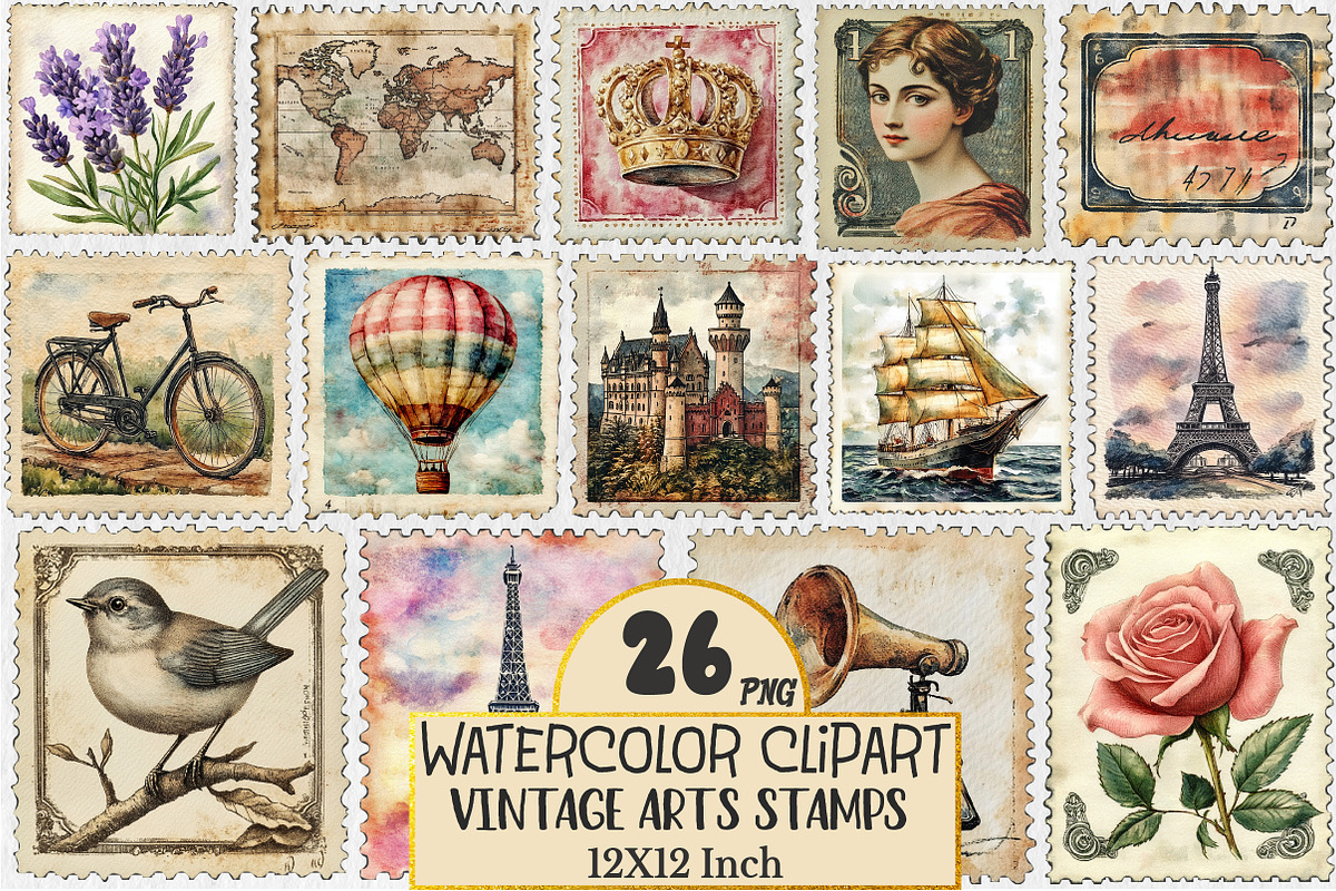 Vintage Arts Postage Stamps Clipart, a Seasonal Illustration by Rose Art (Photo 1 of 4)