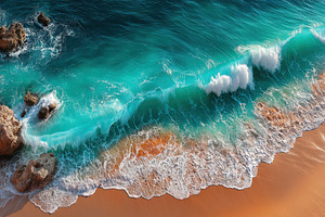 Top view of turquoise ocean waves crashing on golden sand beach, a Holiday Photo by José Manuel Gelpi