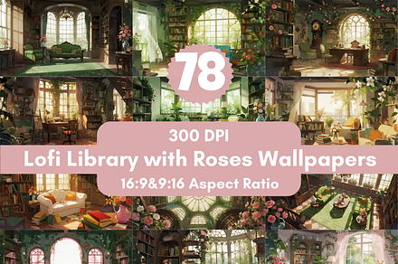 78 Lofi Library with Roses Wallpaper, a Wallpaper Graphic by LA Design