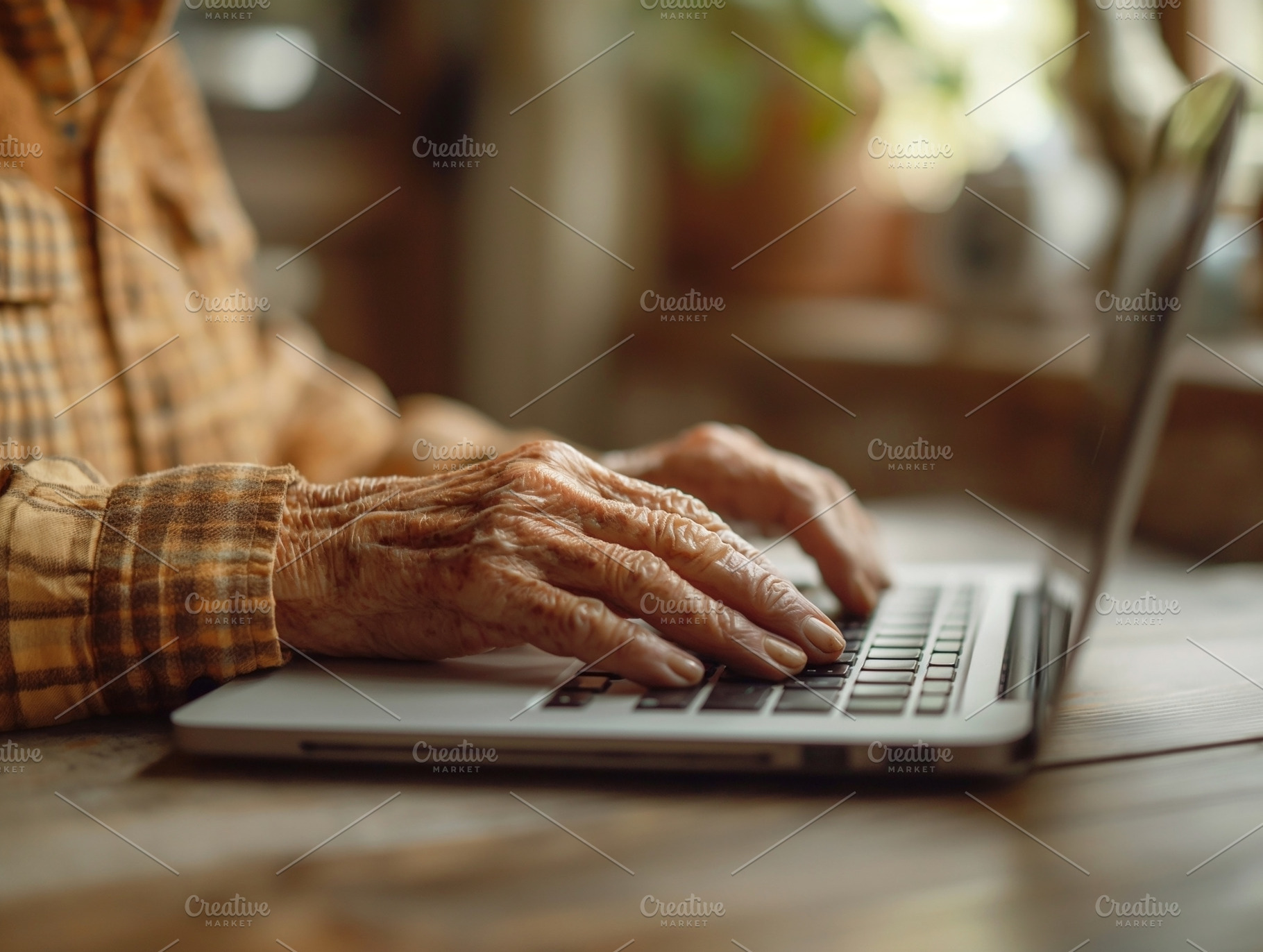 An elderly person's hands typing on a laptop, showcasing the beauty of technolo, a Person Photo by ImageMir