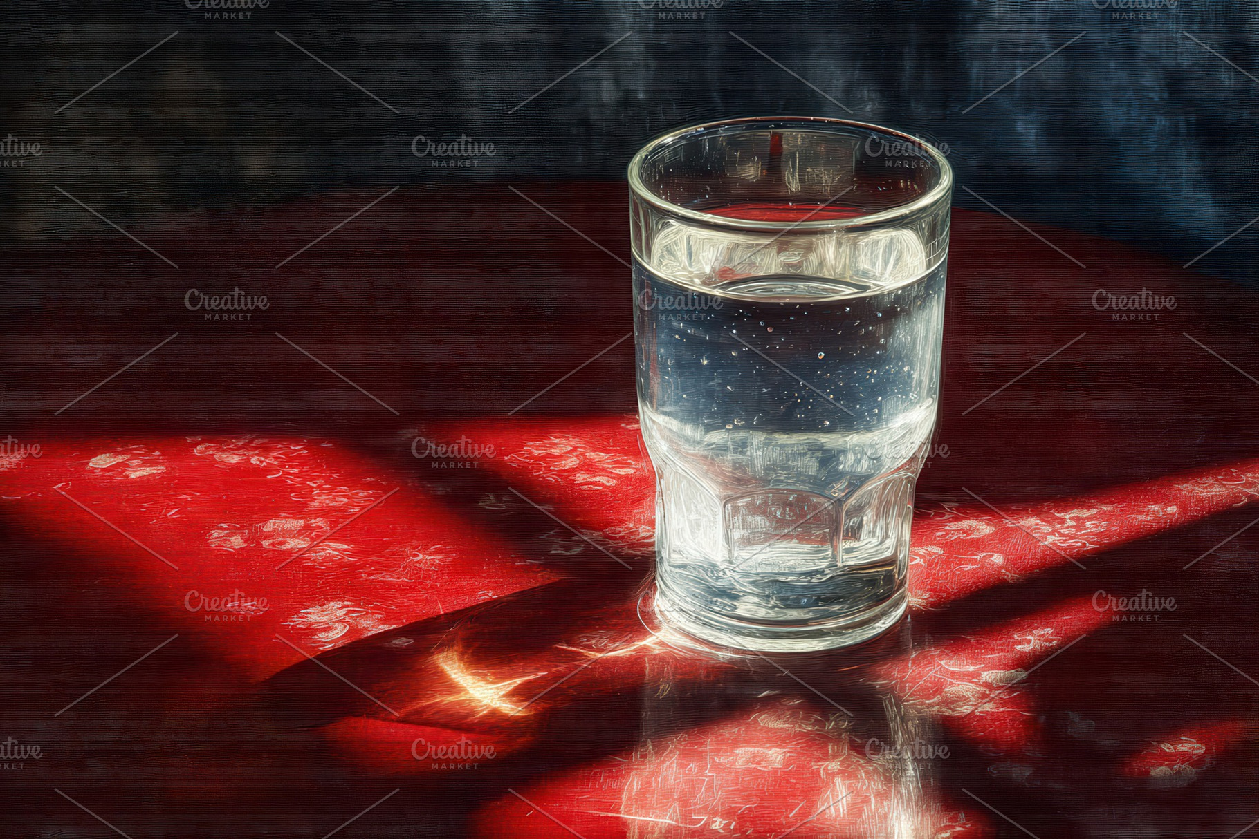 Clear glass of water on red table, a Photo by Pavel_design