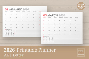 2026 Printable Planner (P037R-26), a Stationery Template by mikhailmorosin