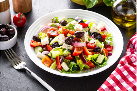 Greek salad with olives at black., a Food & Drink Photo by Nadia-nb