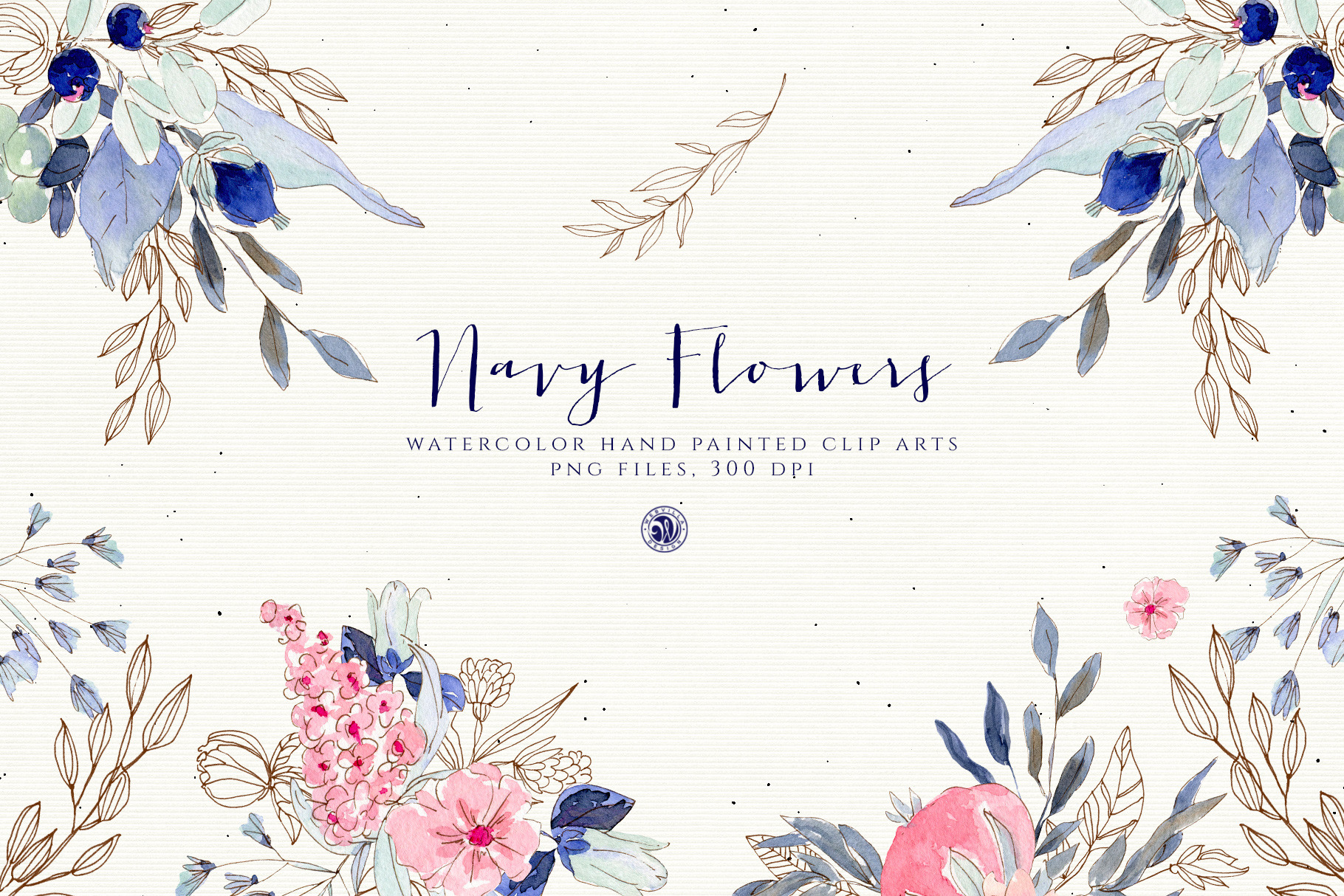 Navy Flowers, a Decorative Illustration by Webvilla Studio | Creative ...