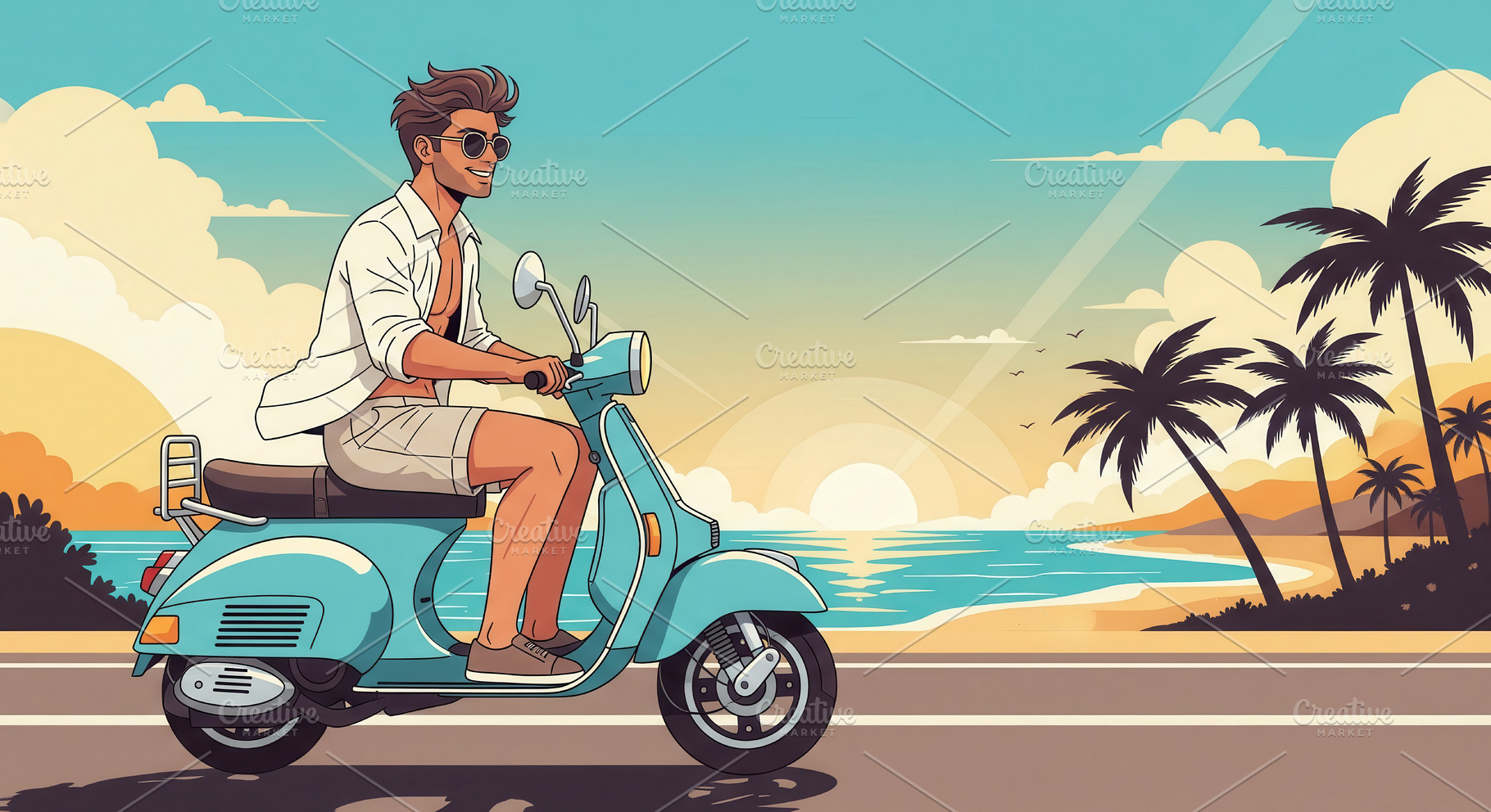 Man on Blue Scooter Rides Coastal Ro, a Transportation Photo by angellodeco