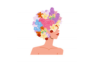 Woman showing spring flowers, an Illustration by pikepicture