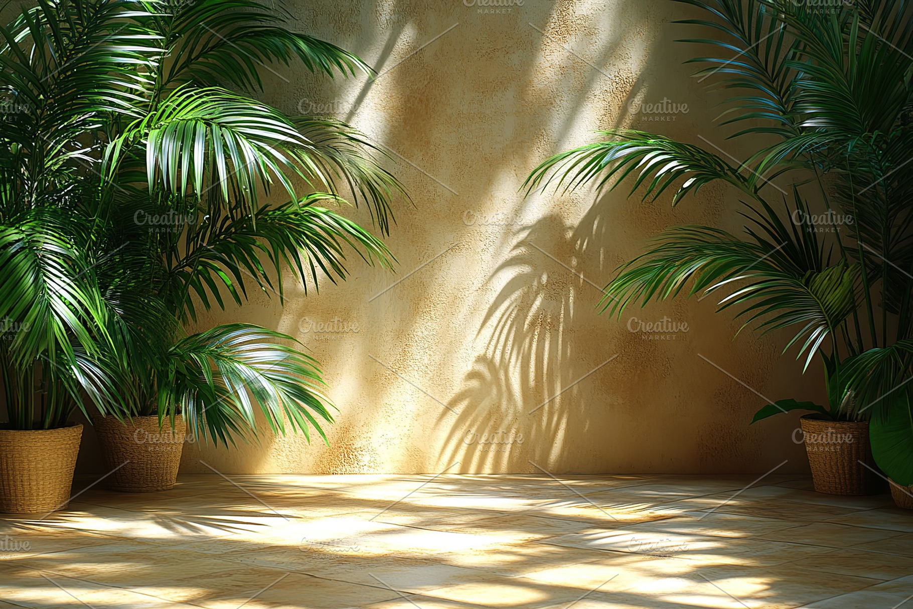 Sunlight filters through tropical leaves, casting shadows on a textured wall in, a Background Photo by AlyaAnd
