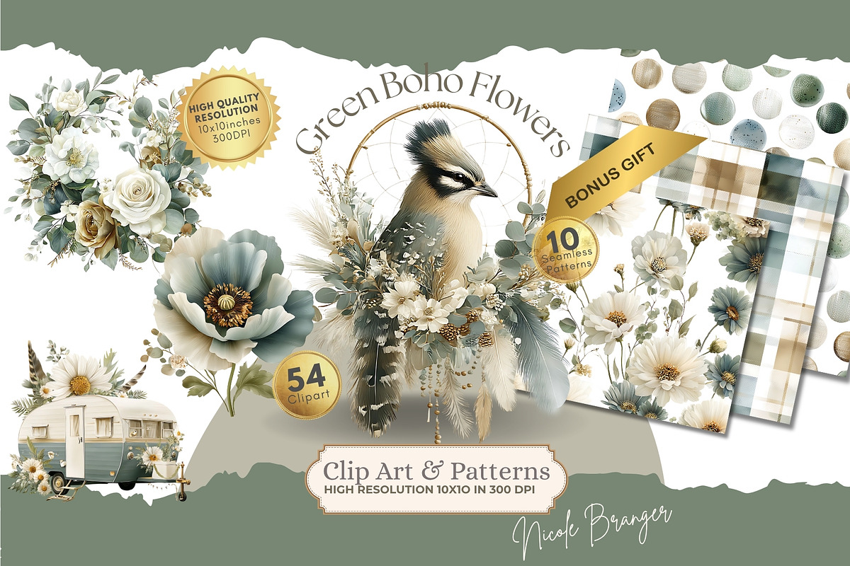 Green Boho Flower Clipart Bundle, a Decorative Illustration by Nicole Branger Art (Photo 1 of 20)