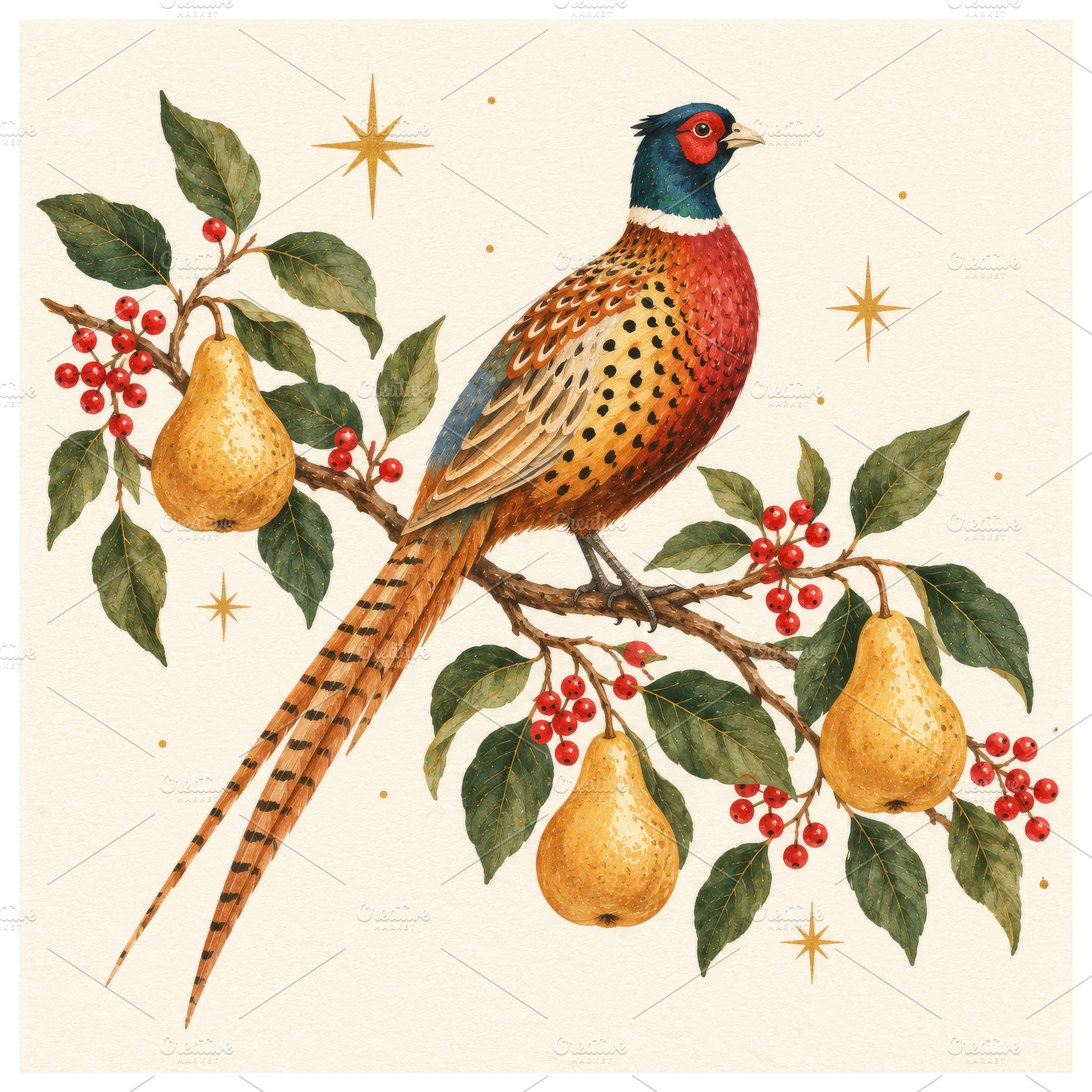 Square vintage watercolor Christmas illustration of a colorful p, a Holiday Photo by Imaginarium