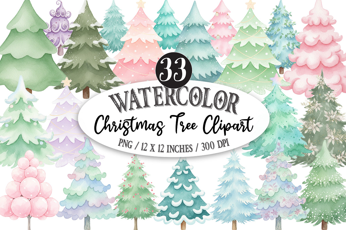 Watercolor Christmas Tree Clipart, an Illustration by Designking (Photo 1 of 5)