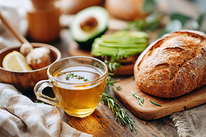 Freshly baked bread with herbal tea and avocado on a cozy breakfast table, a Food & Drink Photo by AlyaAnd