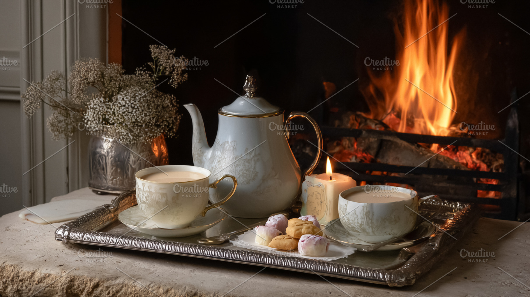 Hygge moment with hot tea, cookies, and a burning fireplace, cre, a Photo by Studio ANNA