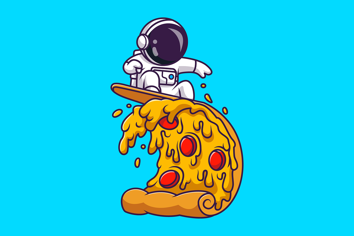 Cute Astronaut Surfing on Pizza Wave, a Food Illustration by Catalyst Labs (Photo 1 of 3)
