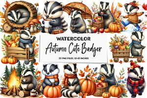 Autumn Cute Badger Watercolor Clipar, an Illustration by DreamArtGraphic