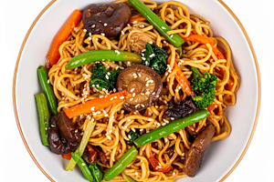 vegetarian asian noodles food AI generated, a Photo by WorldOfPhotos